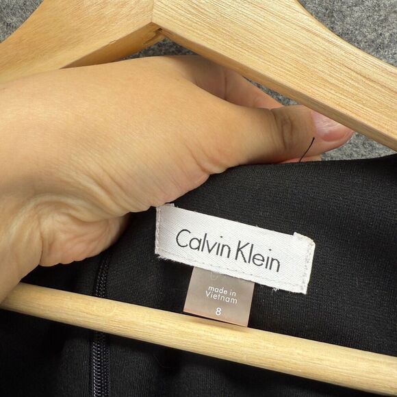 Calvin Klein Dress Women 8 Black Striped Sheath Midi Zipper Sleeveless Rayon - Picture 5 of 7